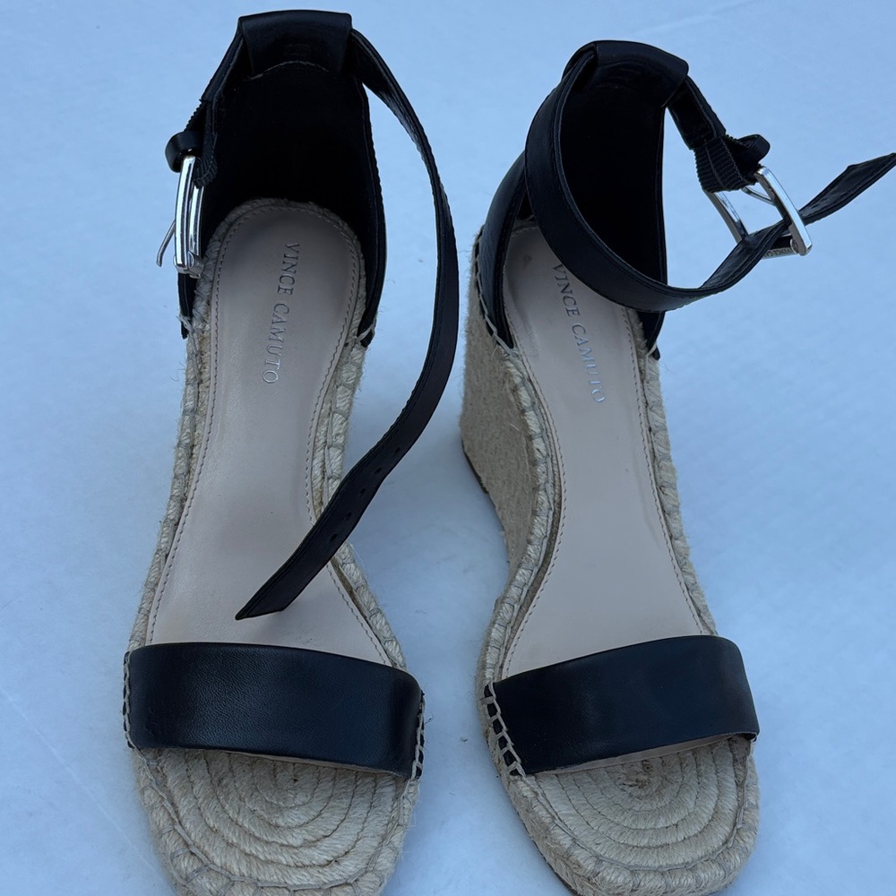 Vince Camuto Black and Tan Wedge Sandals